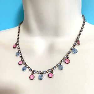 Blue Rhinestone & Dangles Gun Metal Necklace